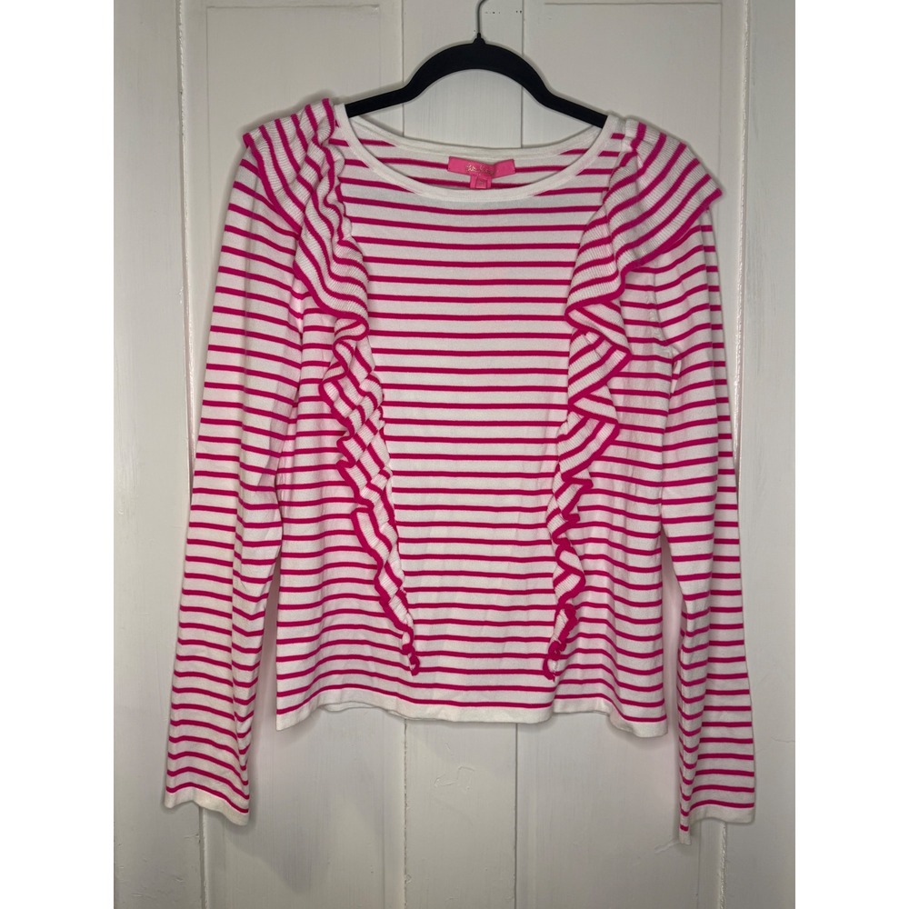 Lilly Pulitzer Ruth Sweater Pink Tango Beach Stripe Ruffle Knit Top Medium NEW
